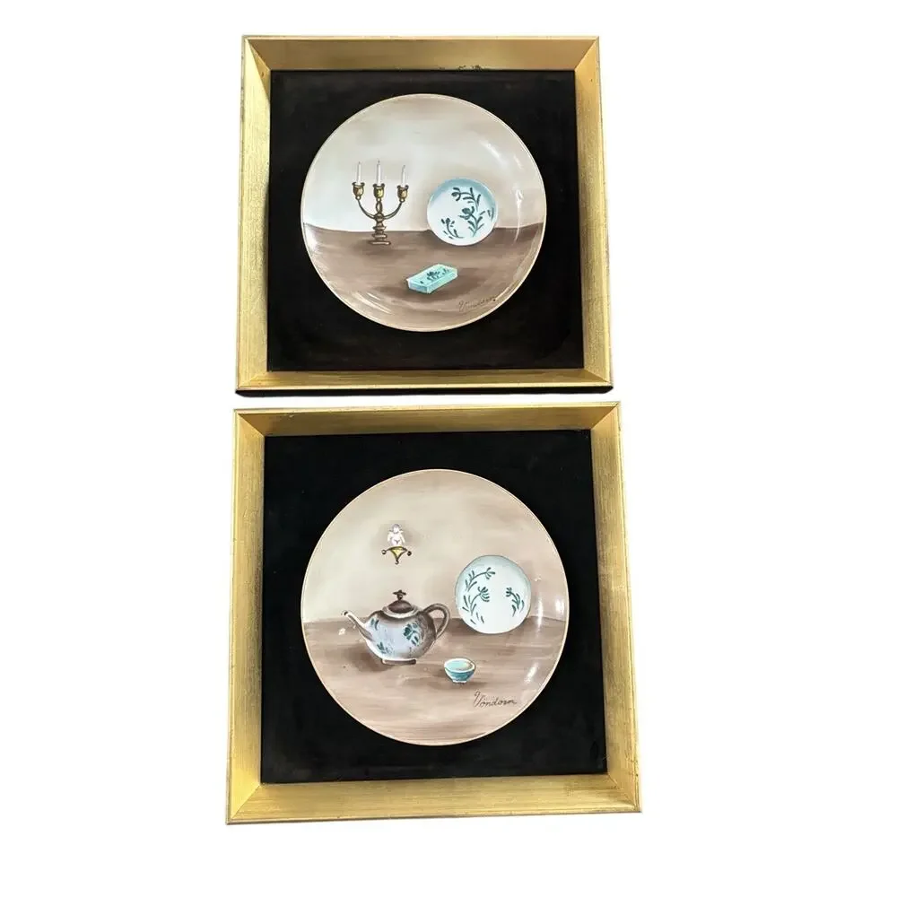 (2) Vintage Andrea Sadek Gold Framed Decorative Plates Still Life Wall Art MCM